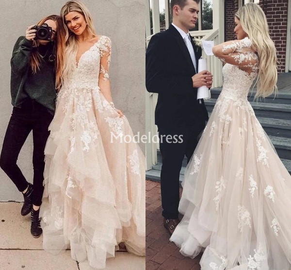 Bohemian Lace Wedding Dresses For Bride Tiered Illusion Long Sleeves Appliques Sweep Train Country Style Bridal Gowns Chic Vestidoe De Noiva