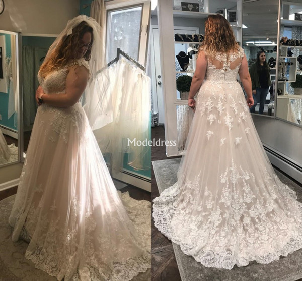 New Charming Lace Wedding Dresses Appliques Illusion Sweep Train Garden Church Bridal Gown Stylish Plus Size Castle Chapel Vestidoe De Noiva