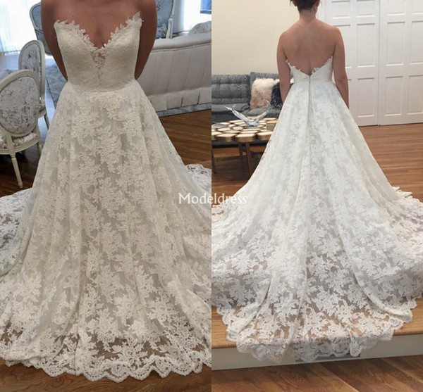 Stylish Full Lace Wedding Dresses Strapless Backless Sweep Train Country Style Garden Bridal Gowns Plus Size Castle Church Vestidoe De Noiva