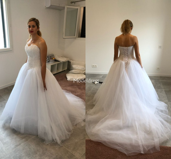 Charming Pearls Wedding Dresses Strapless A Line Sweep Train Tulle Country Style Garden Bridal Gown Gorgeous Castle Church Vestidoe De Noiva