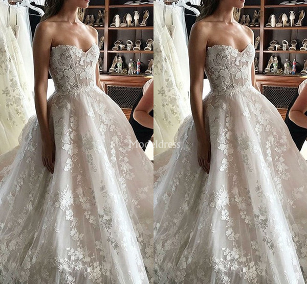 Unique Design Wedding Dresses Sweetheart Appliques Sweep Train A Line Modern Church Bridal Gown Elegant Castle Chapel Vestidoe De Noiva