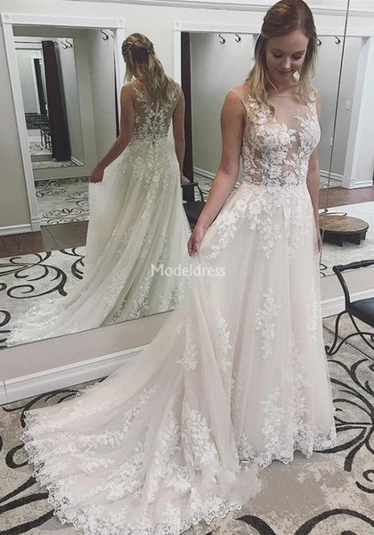 Charming Lace Wedding Dresses Sheer Neck Appliques Illusion A Line Sweep Train New Country Bridal Gowns Castle Chapel Vestidoe De Noiva