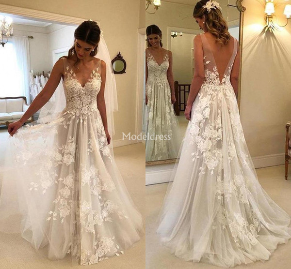 Gorgeous Boho Wedding Dresses Sheer Neck Appliques Illusion Backless Sweep Train Country Church Bridal Gowns A Line Chapel Vestidoe De Noiva