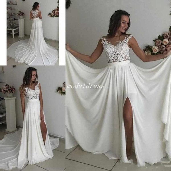 Romantic Wedding Dresses Sheer Neck Side Split Sweep Train Appliques Garden Country Beach Bridal Gowns robe de mariée Vestido De Novia