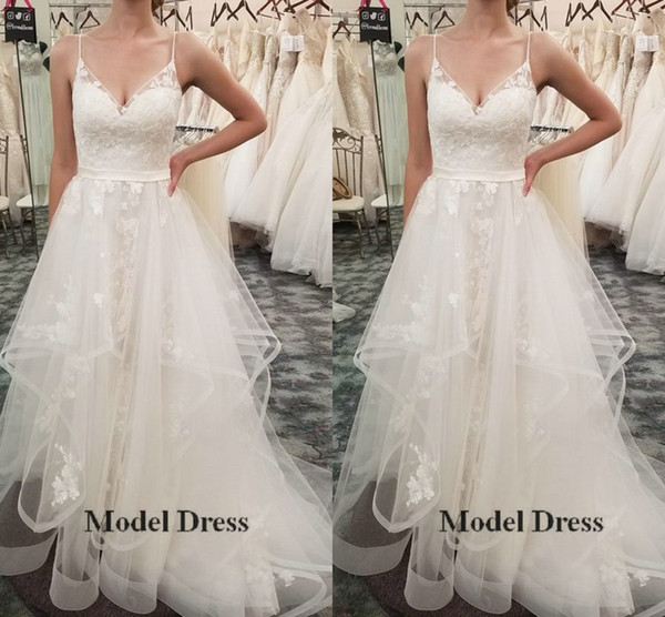 New Romantic Wedding Dresses A Line V Neck Spaghetti Straps Ruffles Appliques Ribbon Sash Chic Country Bridal Gowns Long