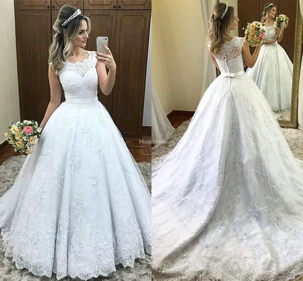 Stylish New Lace Wedding Dresses Illusion Sweep Train Appliques Plus Size Vestidoe De Noiva Modern Bow Church Castle Bridal Gown Custom