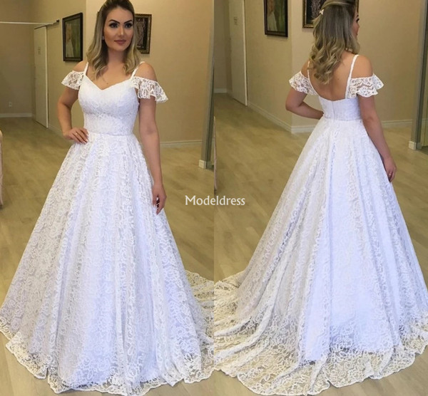 Gorgeous Full Lace Wedding Dresses Spaghetti Backless Sweep Train Country Style Bridal Gowns Plus Size Cheap Garden Vestidoe De Noiva Custom