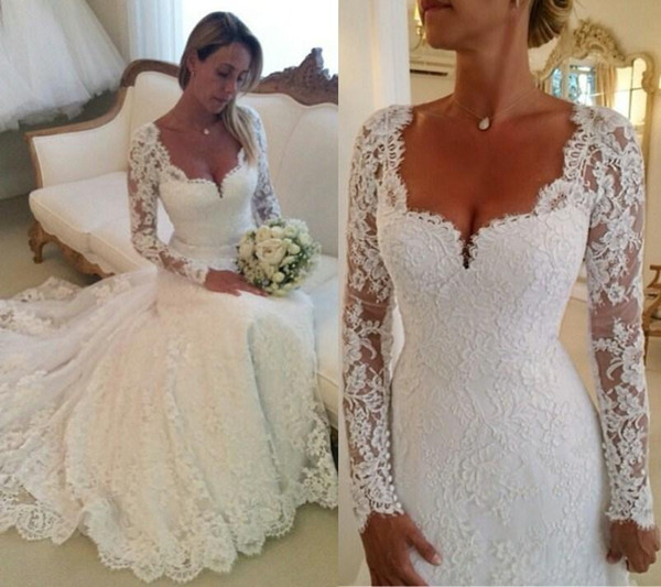 New Vintage Full Lace Wedding Dresses Long Sleeves Sweetheart A Line Court Train Elegant Bridal Dresses Vestido de novia Customized