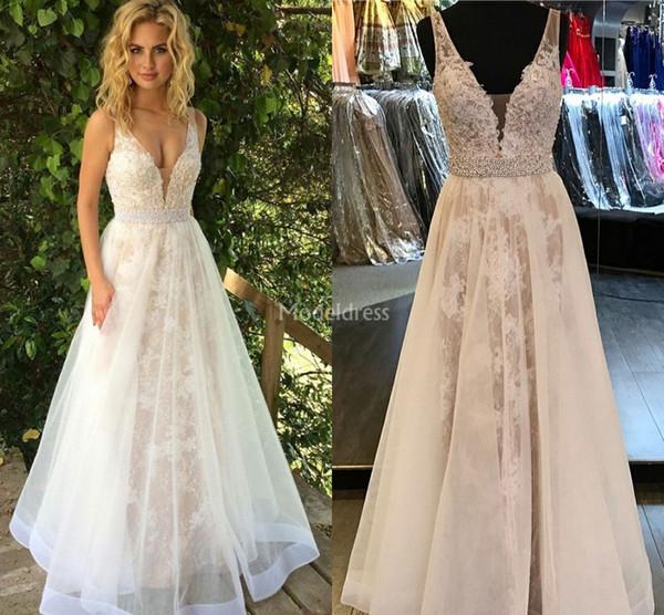 Gorgeous New Wedding Dresses Sheer Neck A Line Beads Sweep Train Country Style Garden Bridal Gowns Appliques Charming Vestidoe De Noiva