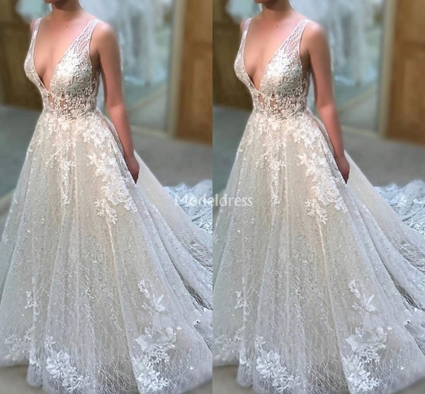 Luxury Biling Wedding Dresses Deep V-Neck Illusion Appliques A Line Sweep Train Country Chapel Bridal Gowns Plus Size Vestidoe De Noiva