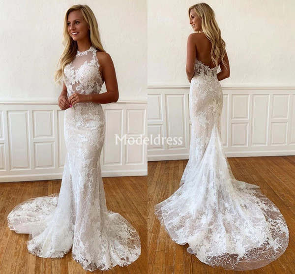 Luxury Lace Mermaid Wedding Dresses For Bride Illsuion Backless Sweep Train Country Style Bridal Gowns Chapel Vestidoe De Noiva Custom