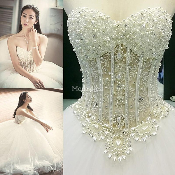 Luxury Pearls Wedding Dresses Beads Strapless Open Back Sweep Train Stylish Castle Chapel Bridal Gown Charming Church Vestidoe De Noiva