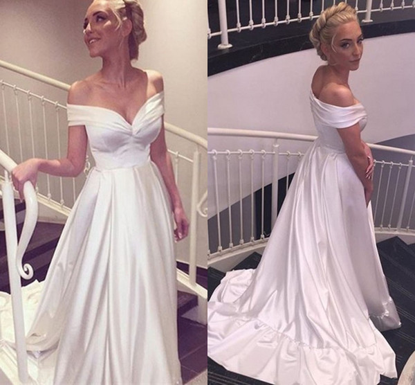 Gorgeous A Line Beach Wedding Dresses Off Shoulder Pleats Court Train White Bridal Gowns Cheap Custom Made