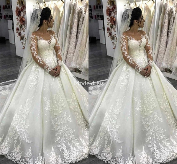 Gorgeous Lace Princess Ball Gown Wedding Dresses Sheer Neck Illusion Long Sleeves Appliques Plus Size Bridal Gowns Country Vestidoe De Noiva