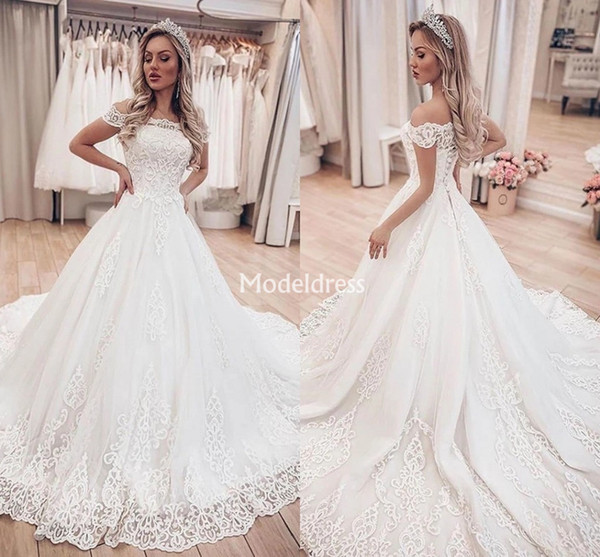 Arabric Lace Wedding Dresses Off Shoulder Appliques Lace Up Back Sweep Train Country Bridal Gowns Plus Size Elegant Church Vestidoe De Noiva