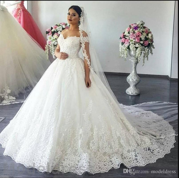 Charming Lace Wedding Dresses Off Shoulder Sweep Train Appliques Garden Chapel Bridal Gowns Arabic vestido de novia Plus Size