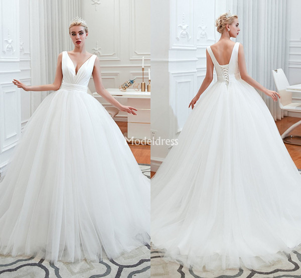 Gorgeous Wedding Dresses V-Neck Open Back Tulle Sweep Train Country Style Garden Bridal Gowns Plus Size Castle Church Vestidoe De Noiva