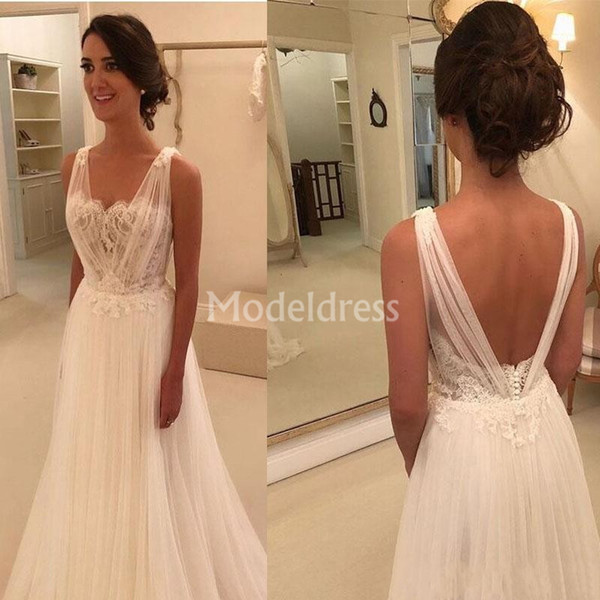 Bohemain Lace Wedding Dresses Sheer Neck Illusion Backless Country Style Garden Beach Bridal Gowns Sweep Train Simple Vestidoe De Noiva