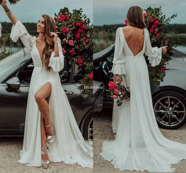 Beach High Side Split Wedding Dresses For Bride Deep V-Neck Backless Sweep Train Simple Country Bridal Gowns Garden Vestidoe De Noiva Custom