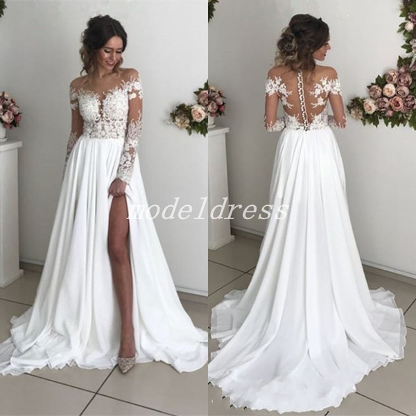 Charming Wedding Dresses Illusion Bodice Long Sleeve Appliques Sweep Train High Slit Garden Country Beach Bridal Gowns Vestido De Novia