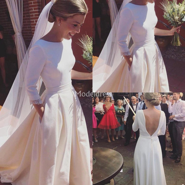 New Elegant Wedding Dresses Jewel Neck 3/4 Long Sleeves Backless Pleat Sweep Train Country Beach Bridal Gown Chruch Chapel Vestidoe De Noiva