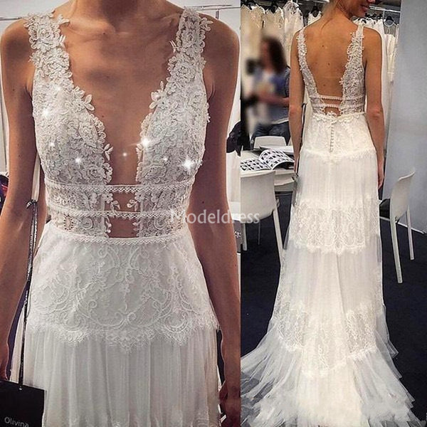 Bohemain Lace Wedding Dresses Deep V-Neck Backless A Line Tulle Sweep Train Chic Garden Beach Bridal Gowns Charming Vestidoe De Noiva Cutsom