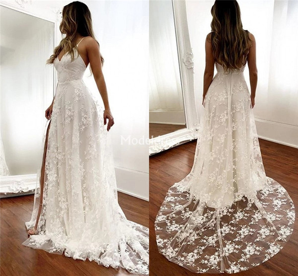 Luxury High Side Split Lace Wedding Dresses V-Neck Backless Appliques Sweep Train Garden Bridal Gowns Country Style Vestidoe De Noiva Custom