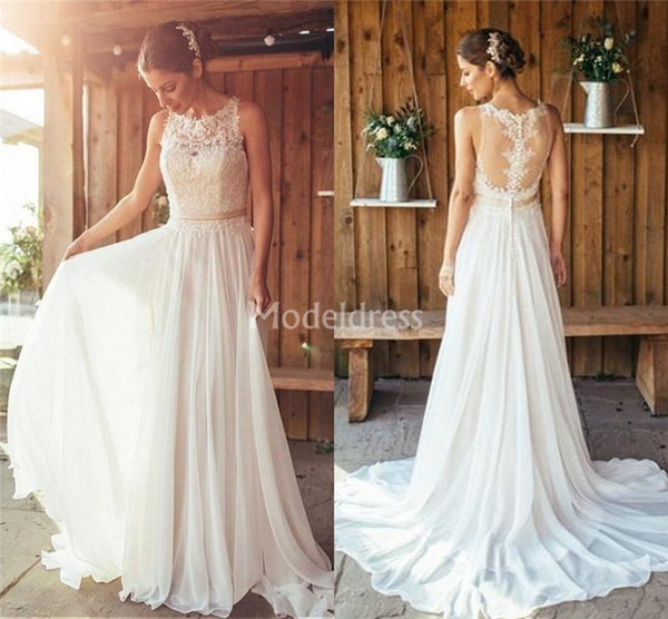 Bohemain Lace Wedding Dresses Jewel Neck Illusion Sweep Train Country Style Chiffon Beach Bridal Gowns Aplliques Charming Vestidoe De Noiva