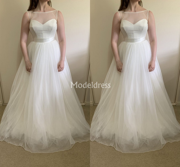 New Elegant Illusion Wedding Dresses Sheer Neck A Line Sweep Train Plus Size Garden Beach Bridal Gowns Simple Country Vestidoe De Noiva