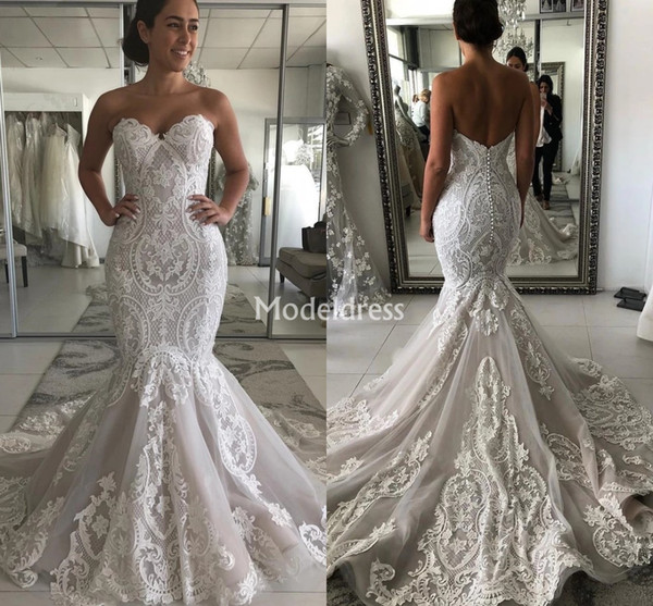 Luxury Lace Mermaid Wedding Dresses Strapless Appliques Sweep Train Garden Vestidoe De Noiva Country Style Chapel Bridal Gowns