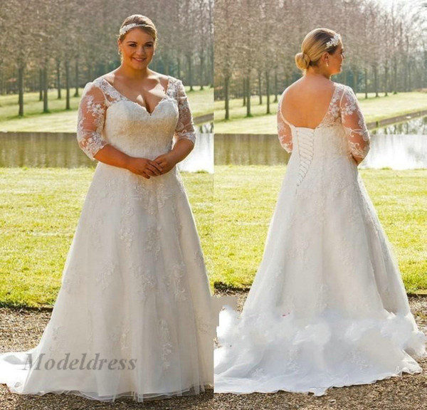 Plus Size Wedding Dresses for Women Lace up Back 3/4 Long Sleeves V Neck A Line Lace Appliques Gorgeous Country Wedding Gowns