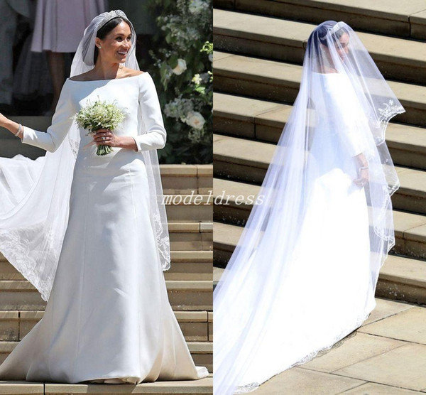 Meghan Markle Wedding Dresses 3/4 Long Sleeve Bateau Sweep Train Plain Garden Chapel Country Bridal Gowns vestido de novia