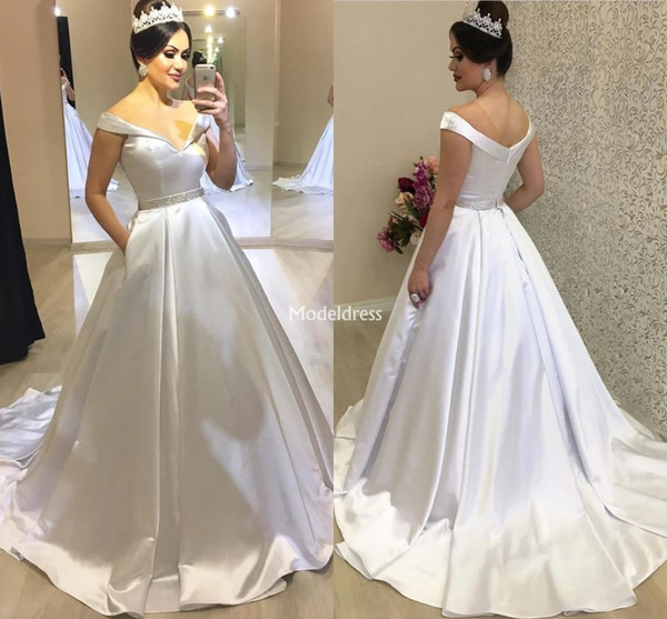 Latest Wedding Dresses With Pockets Off Shoulder Sweep Train Pleats Country Style Bridal Gowns Modern Cheap Vestidoe De Noiva Custom