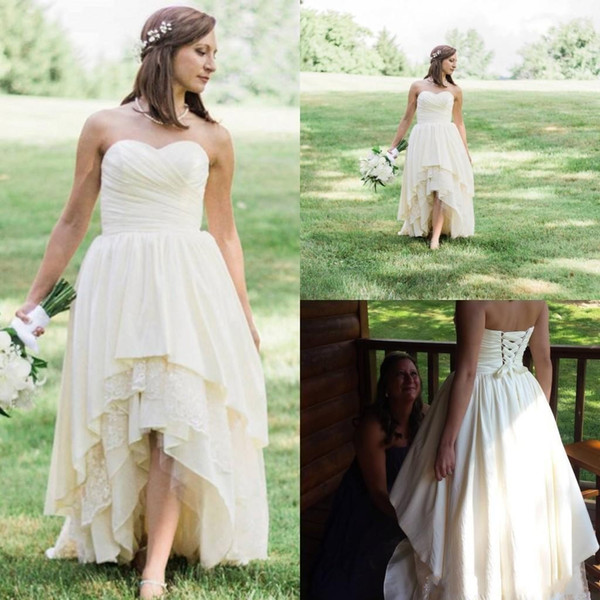 High Low Western Country Wedding Dresses Sweetheart A Line Tiered Skirt Lace Hi-lo Bohemian Beach Bridal Gowns Cheap Plus Size Custom