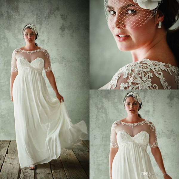 New Plus Size Bohemian Wedding Dresses Sheer Neck Appliques A Line Sweep Train Chiffon Boho Beach Country Bridal Gowns Cheap Custom Made