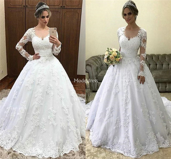 Charming Lace Wedding Dresses Illusion Long Sleeves Sweep Train New Country Chapel Bridal Gowns Elegant Church Castle Vestidoe De Noiva