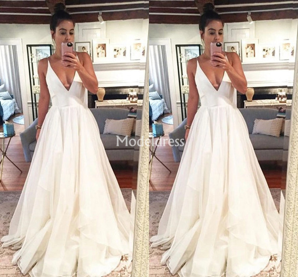 Modern Wedding Dresses For Bride Spaghetti Deep V-Neck A Line Sweep Train Garden Bridal Gowns Cheap Country Style Vestidoe De Noiva