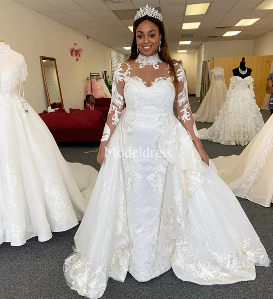 Arabric Lace Wedding Dresses For Bride Sheer Neck Illsuion Long Sleeves Overshirt Applique Sweep Train Church Bridal Gowns Vestidoe De Noiva