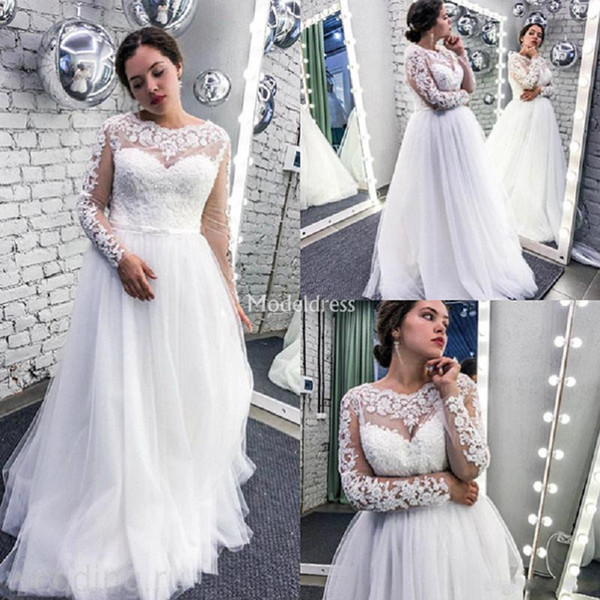 Luxury Lace Wedding Dresses Sheer Neck Illusion Long Sleeves Appliques Tulle Sweep Train Country Style Bridal Gowns Garden Vestidoe De Noiva