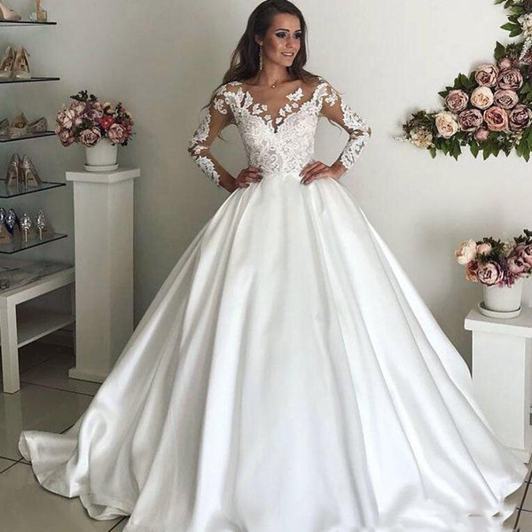 Gorgeous Lace Wedding Dresses Sheer Neck Illsuion Long Sleeves Appliques Court Train Country Style Bridal Gowns Vestidoe De Noiva Custom