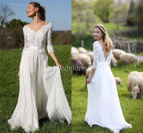 Bohemain Lace Wedding Dresses V-Neck Sweep Train Backless Chiffon Country Garden Beach Bridal Gown Plus Size Gorgeous Vestidoe De Noiva