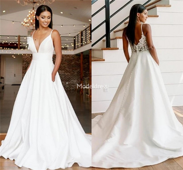 New Arrival Lace Wedding Dresses For Bride Spaghetti Backless A Line Sweep Train Bridal Gowns With Pockets Country Style Vestidoe De Noiva