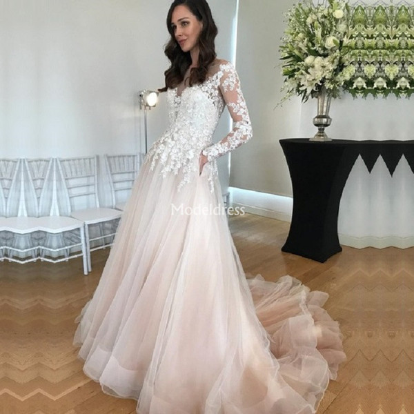 Gorgeous Lace Wedding Dresses Sheer Neck Illusion Long Sleeves Appliques Sweep Train Country Style Bridal Gowns Vestidoe De Noiva Custom