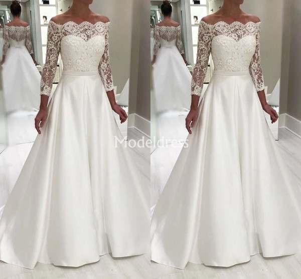 Charming Lace Wedding Dresses Off Shoulder Illusion 3/4 Long Sleeves Sweep Train Garden Country Bridal Gowns Church Castle Vestidoe De Noiva