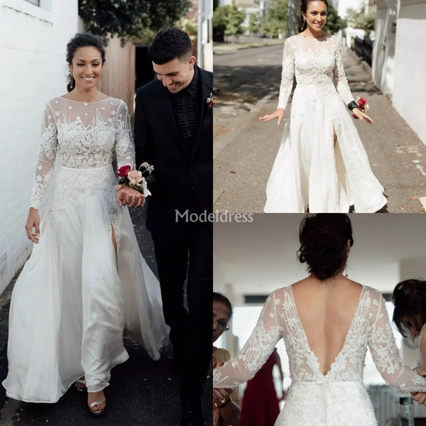 Charming Lace Country Wedding Dresses With Illusion Long Sleeves High Side Split Backless Garden Brial Gown Stylish Church Vestidoe De Noiva