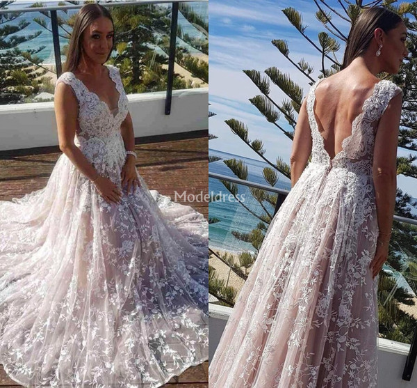 Charming Lace Boho Wedding Dresses Deep V-Neck Backless Sweep Train Garden Beach Bridal Gown Gorgeous Chapel Church Vestidoe De Noiva Custom