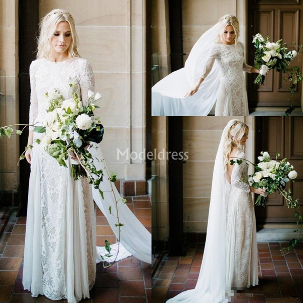 Elegant Boho Lace Wedding Dresses Jewel Neck Long Sleeves Backless Classic Garden Beach Vestidoe De Noiva Charming Castle Church Bridal Gown