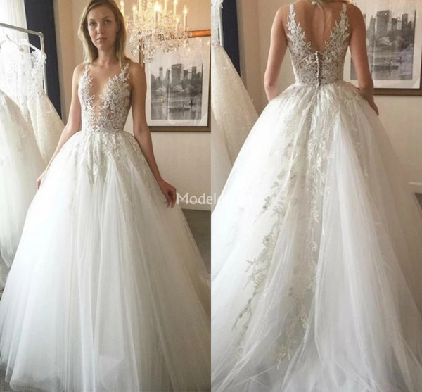 Stylish Wedding Dresses Jewel Neck Appliques A Line Illusion Sweep Train Plus Size Chapel Bridal Gowns Elegant Church Vestidoe De Noiva