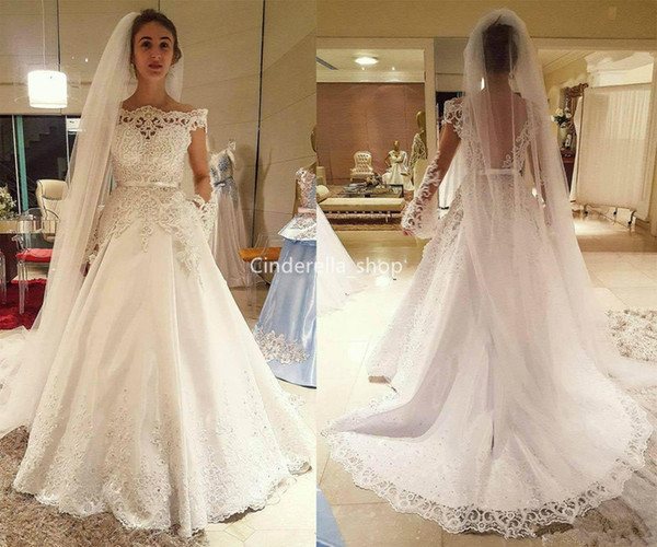 Elegant Long Sleeves Lace Wedding Dresses Off The Shoulder Illusion Backless Appliques Sequins Sweep Train Arabic Bridal Gowns