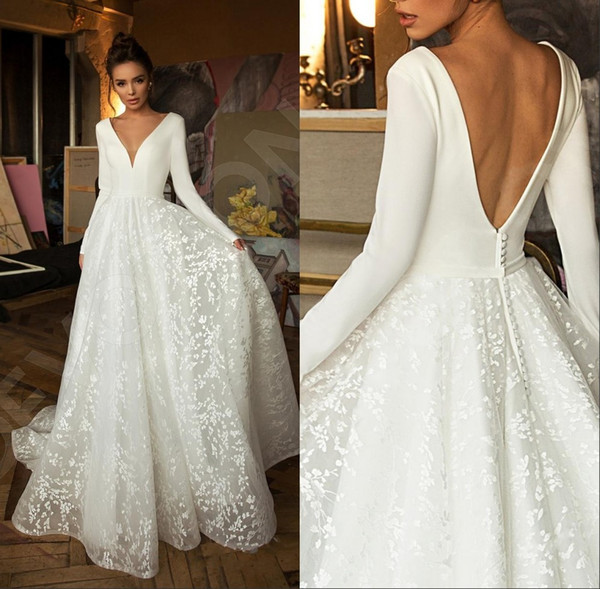 Boho Modern Long Sleeves Lace Wedding Dresses Betra V Neck Backless Beach Bridal Gowns Vestido de Novia With Covered Button